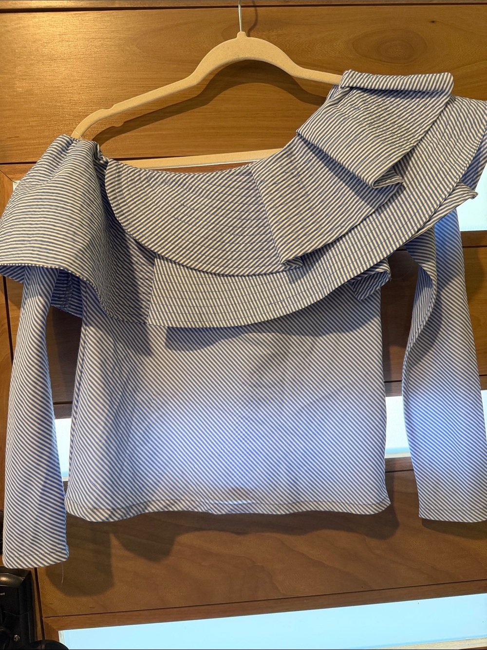 Striped One-Shoulder Ruffle Long Sleeve Top - Blue